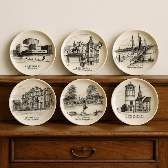 Vintage Uhlenhorst Düsseldorf Germany Landmark Plate Set of 6 Souvenir Coasters - Picture 1 of 9